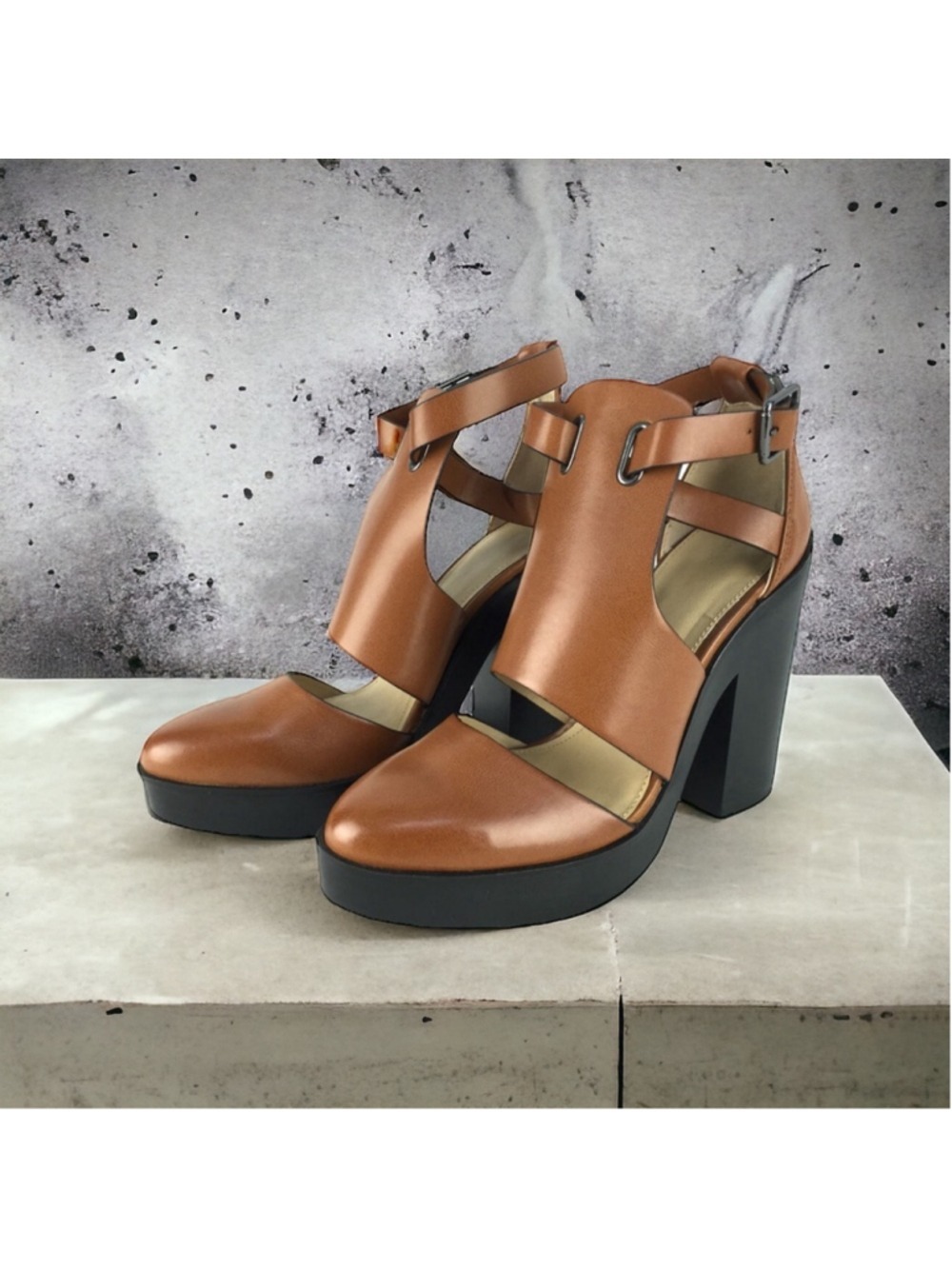Zara Brown Leather Platform Cut Out Chunky Block Heel Shoes Size 40